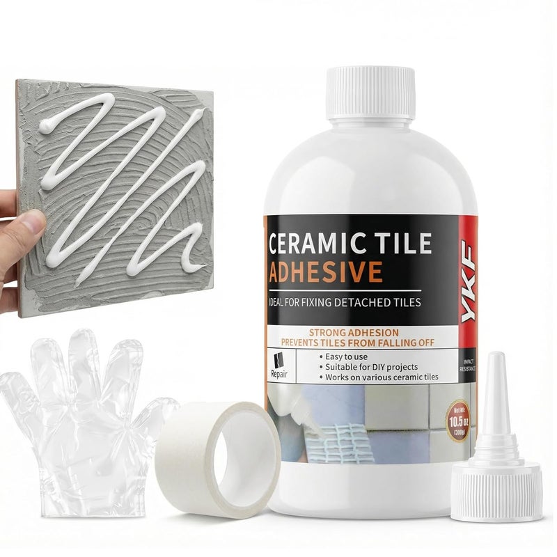 YKF Heavy Duty Tile Adhesive & Repair Glue (10.5oz) – Strong Bonding Kit for Loose Ceramic, Porcelain & Stone – Instant Fix for Hollow Floors & Walls – Easy Squeeze, No-Mess Application - Image 1